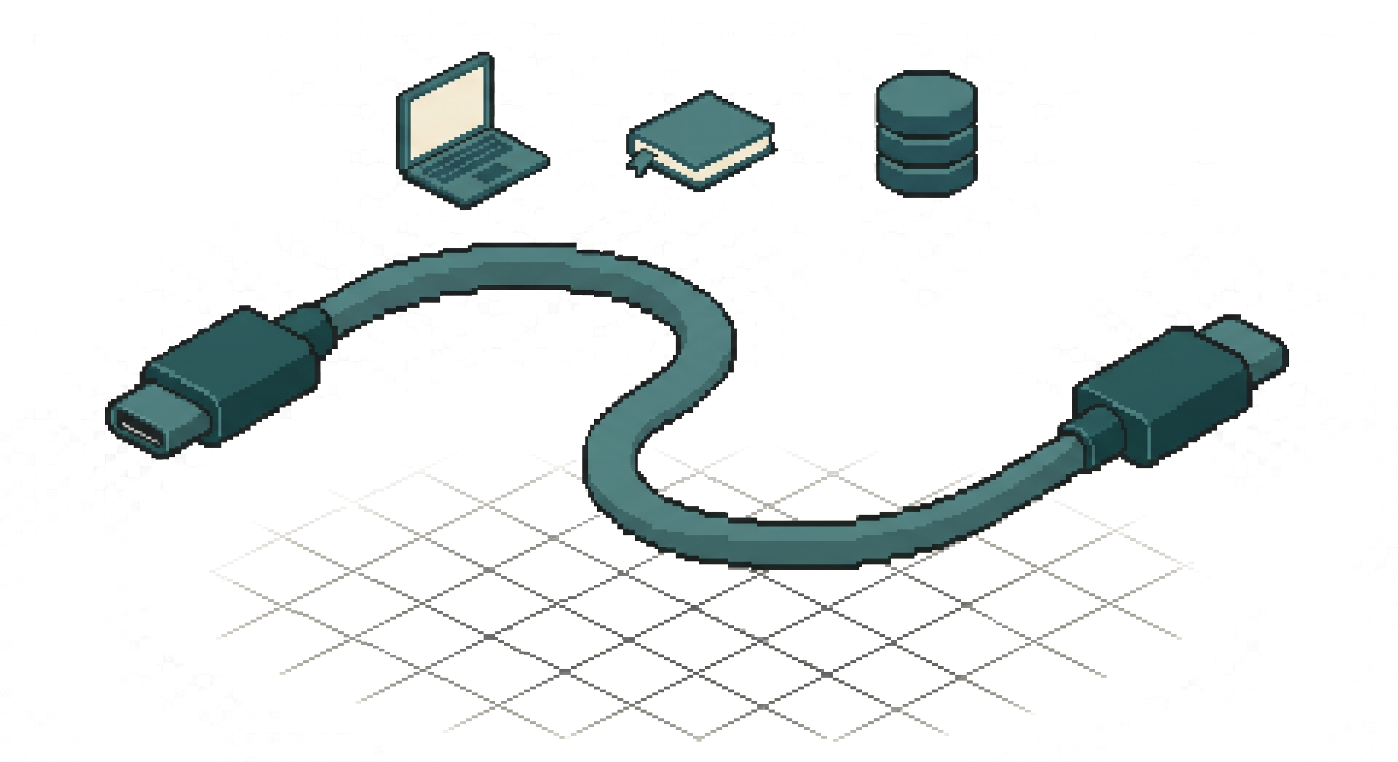 Pixel-Art-Illustration: Ein USB-C-Kabel liegt in einer geschwungenen Kurve. Darüber schweben drei kleine Geräte (Laptop, Notizbuch, Datenbank), die noch nicht angeschlossen sind. Sinnbild dafür, dass jede KI über denselben Standard mit jedem Werkzeug verbunden werden kann.