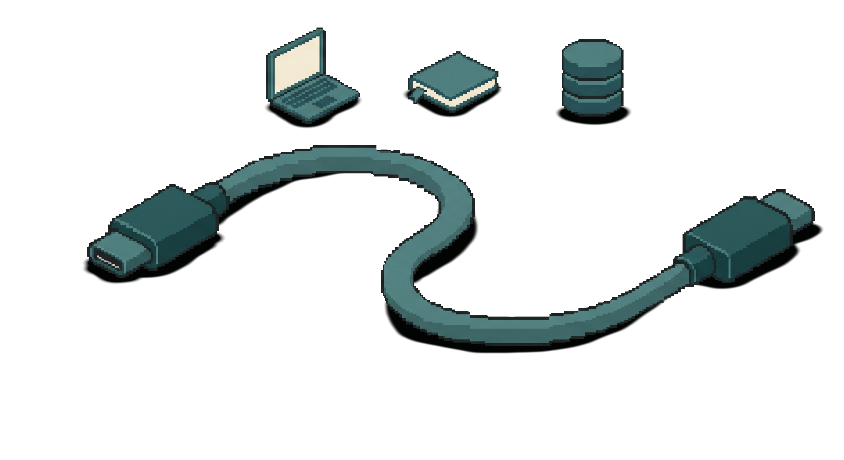 Pixel-Art-Illustration: Ein USB-C-Kabel liegt in einer geschwungenen Kurve. Darüber schweben drei kleine Geräte (Laptop, Notizbuch, Datenbank), die noch nicht angeschlossen sind. Sinnbild dafür, dass jede KI über denselben Standard mit jedem Werkzeug verbunden werden kann.