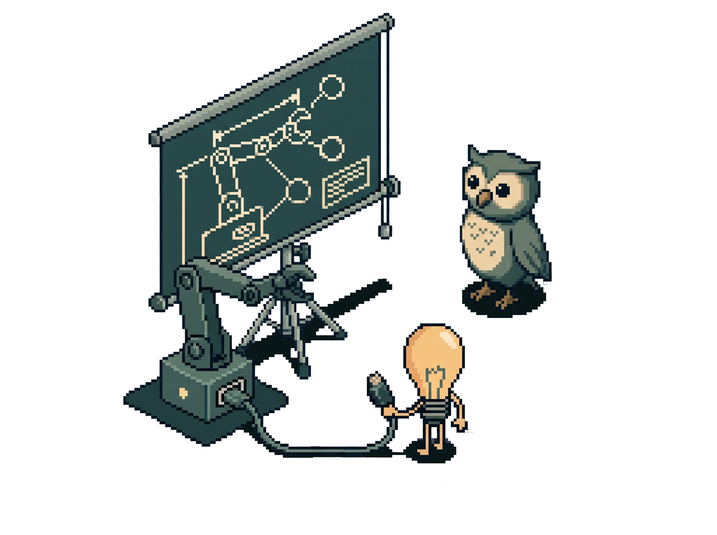 Pixel-Art-Szene in einer Werkstatt: An der Wand hängt der Bauplan eines Roboterarms, derselbe Arm steht daneben in echt. Eine Glühbirne (für die KI) hält das Kabelende in der Hand und studiert den Plan, eine Eule (für die Nutzerin) schaut mit. Erst lesen, was ein Werkzeug kann, dann verbinden.