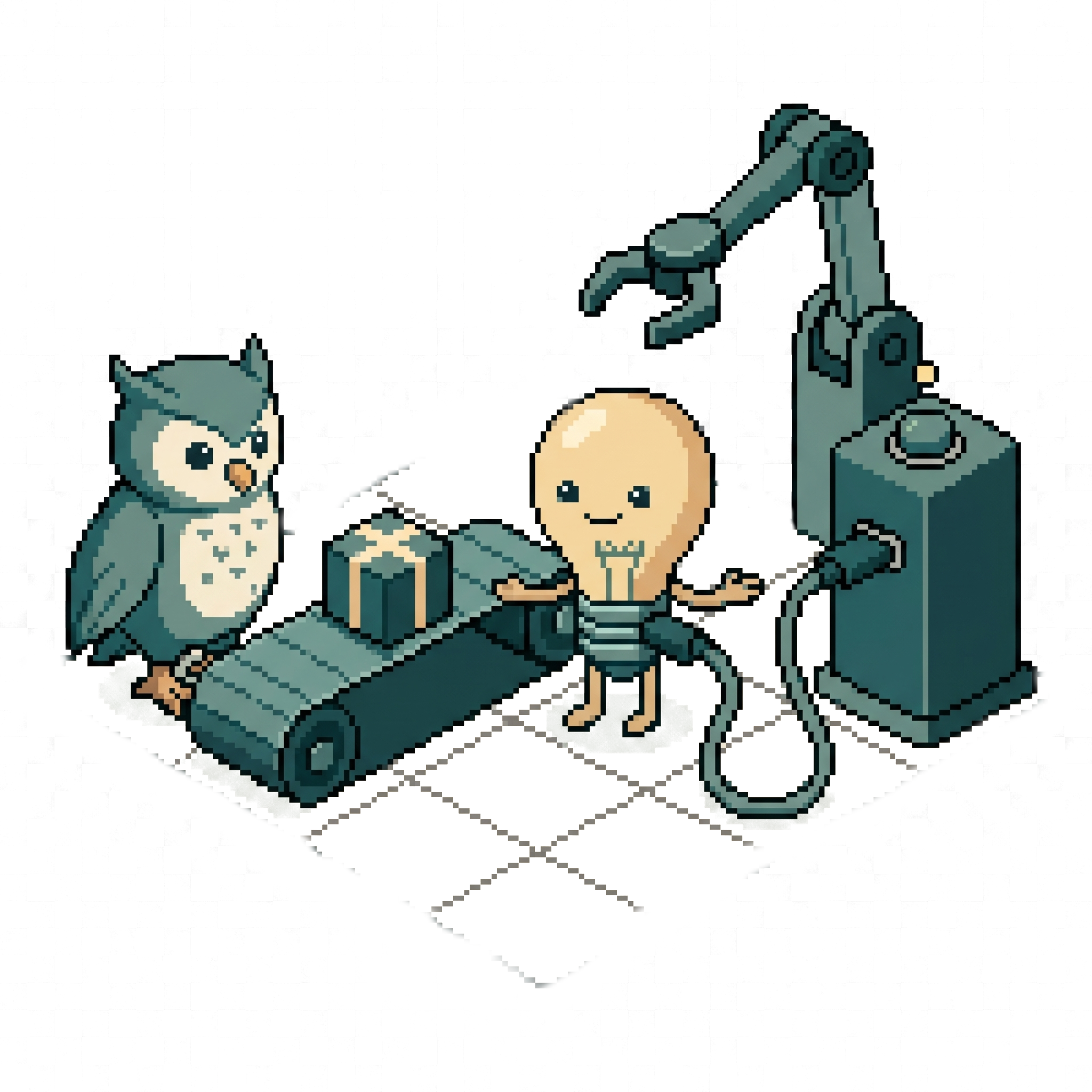 Pixel-Art-Szene: Die Glühbirne (Symbol für die KI) steuert über ein USB-C-Kabel einen Roboterarm, der ein Paket auf ein Förderband legt. Das Förderband führt zur Eule (Symbol für die Nutzerin).