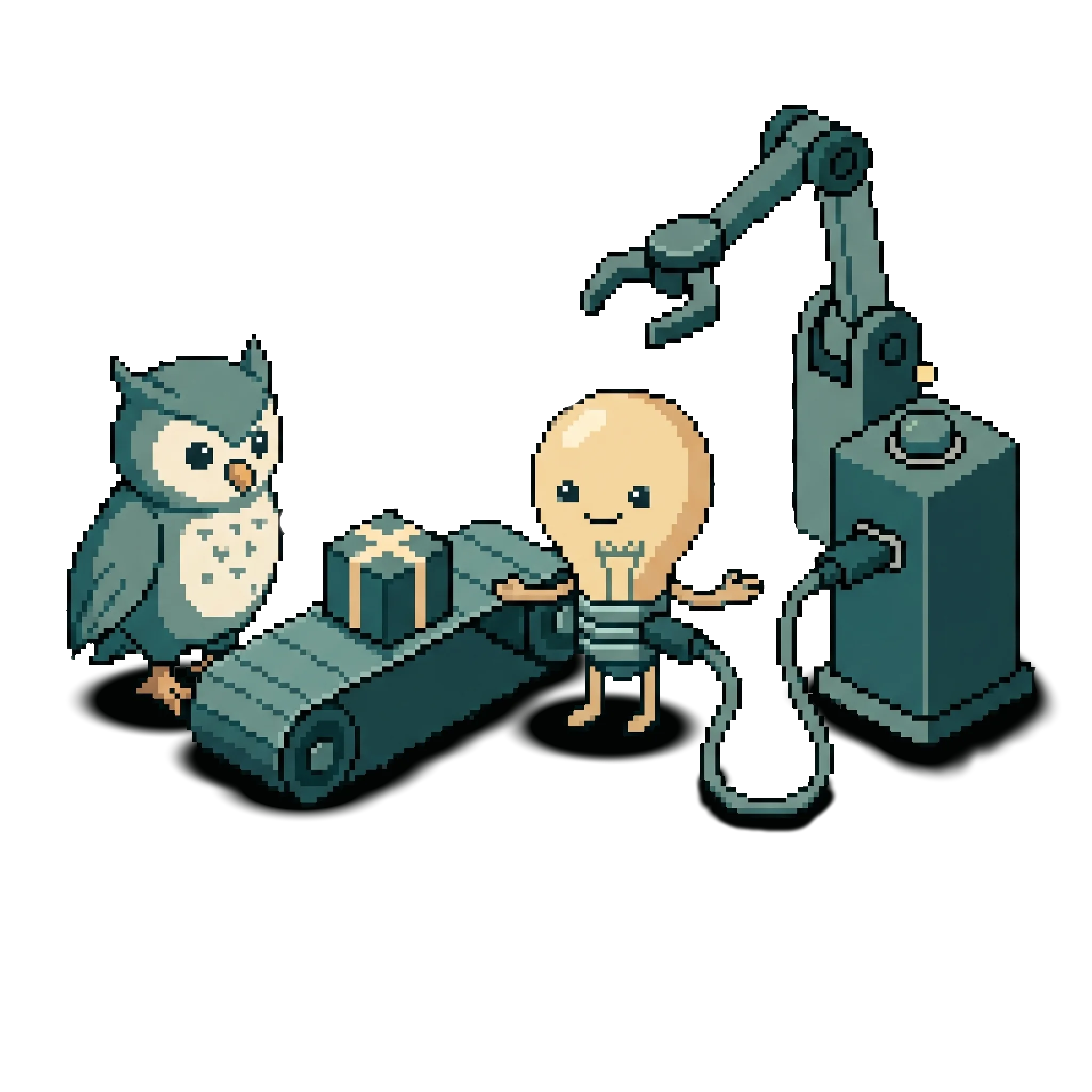 Pixel-Art-Szene: Die Glühbirne (Symbol für die KI) steuert über ein USB-C-Kabel einen Roboterarm, der ein Paket auf ein Förderband legt. Das Förderband führt zur Eule (Symbol für die Nutzerin).