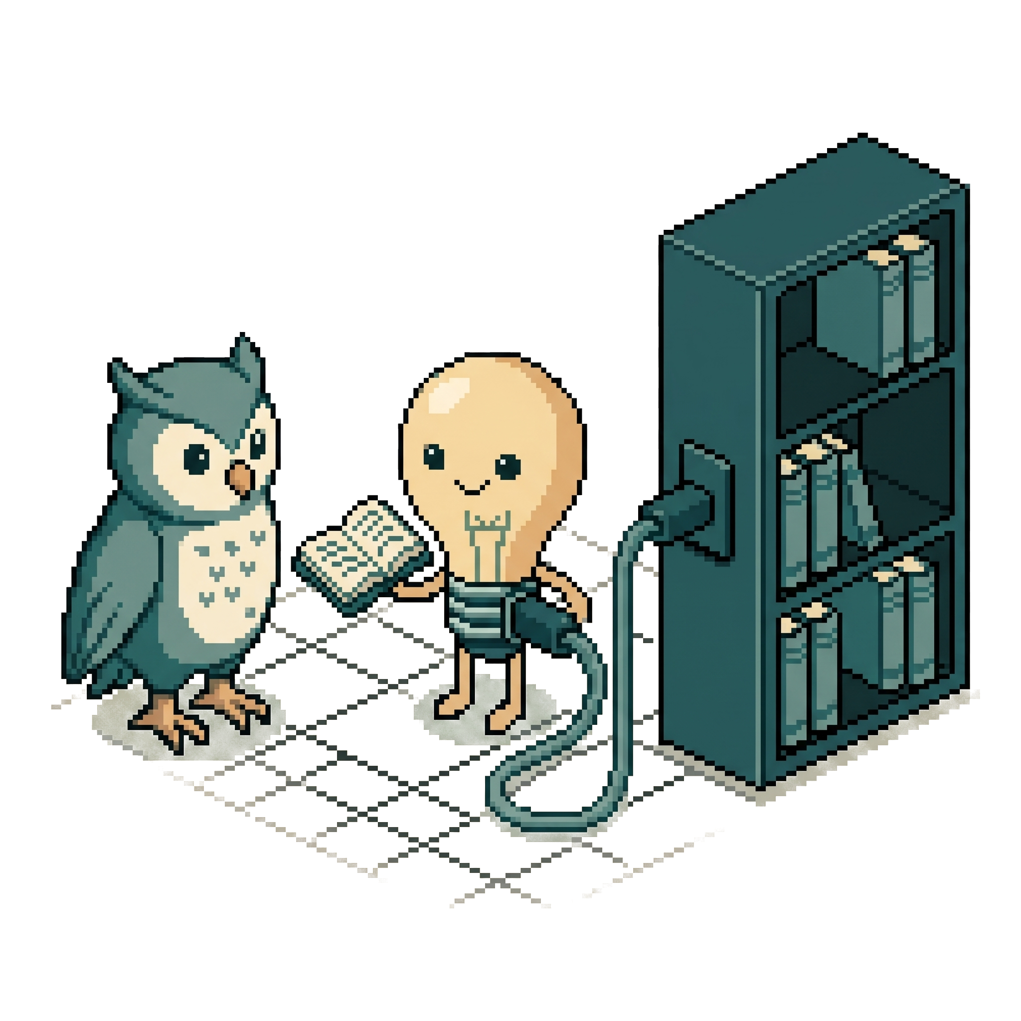 Pixel-Art-Szene: Die Glühbirne (Symbol für die KI) holt ein Buch aus einem Bücherregal, das über ein USB-C-Kabel angeschlossen ist, und reicht es der Eule (Symbol für die Nutzerin).