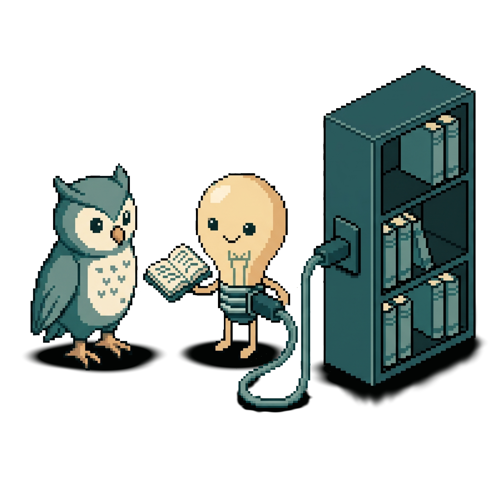 Pixel-Art-Szene: Die Glühbirne (Symbol für die KI) holt ein Buch aus einem Bücherregal, das über ein USB-C-Kabel angeschlossen ist, und reicht es der Eule (Symbol für die Nutzerin).