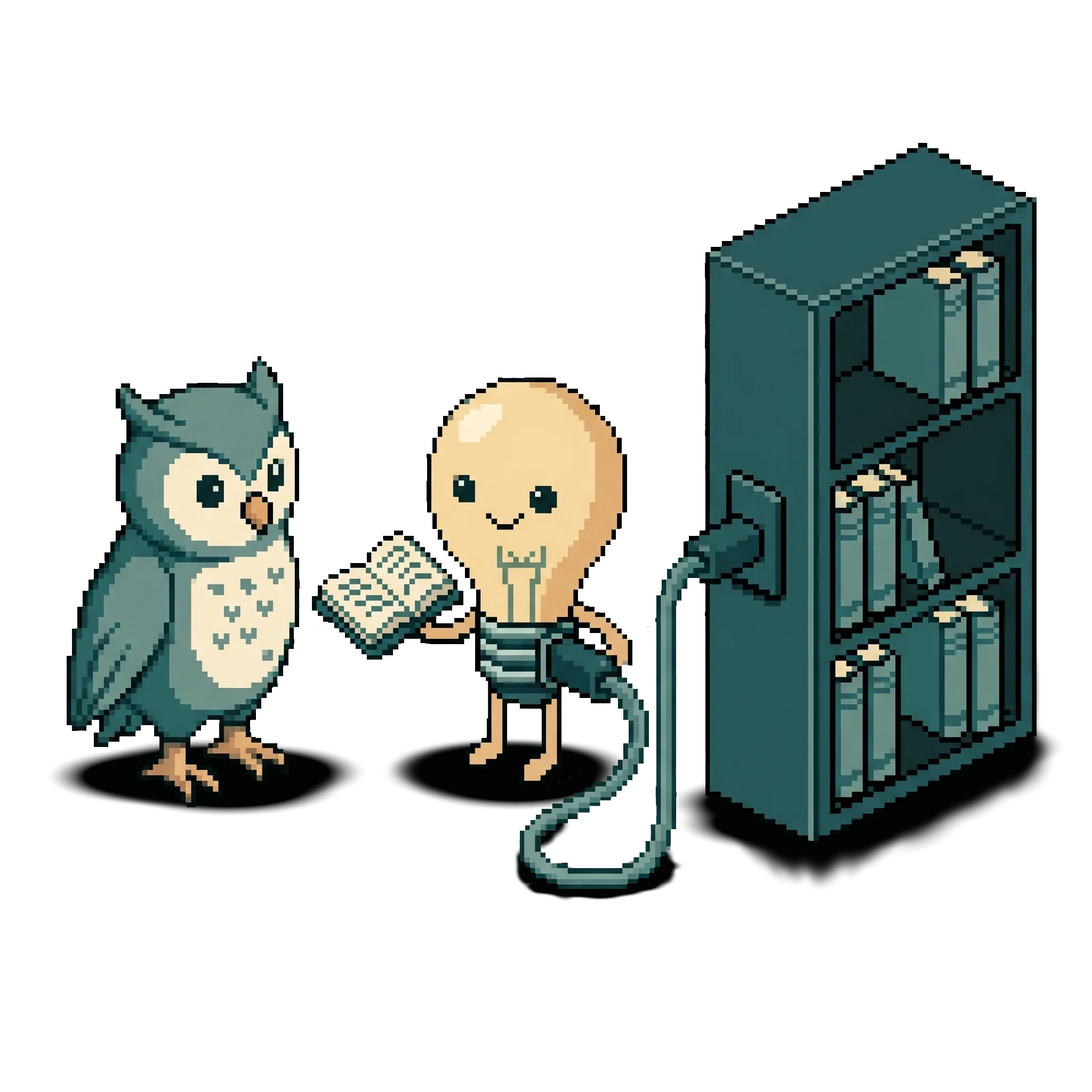 Pixel-Art-Szene: Die Glühbirne (Symbol für die KI) holt ein Buch aus einem Bücherregal, das über ein USB-C-Kabel angeschlossen ist, und reicht es der Eule (Symbol für die Nutzerin).