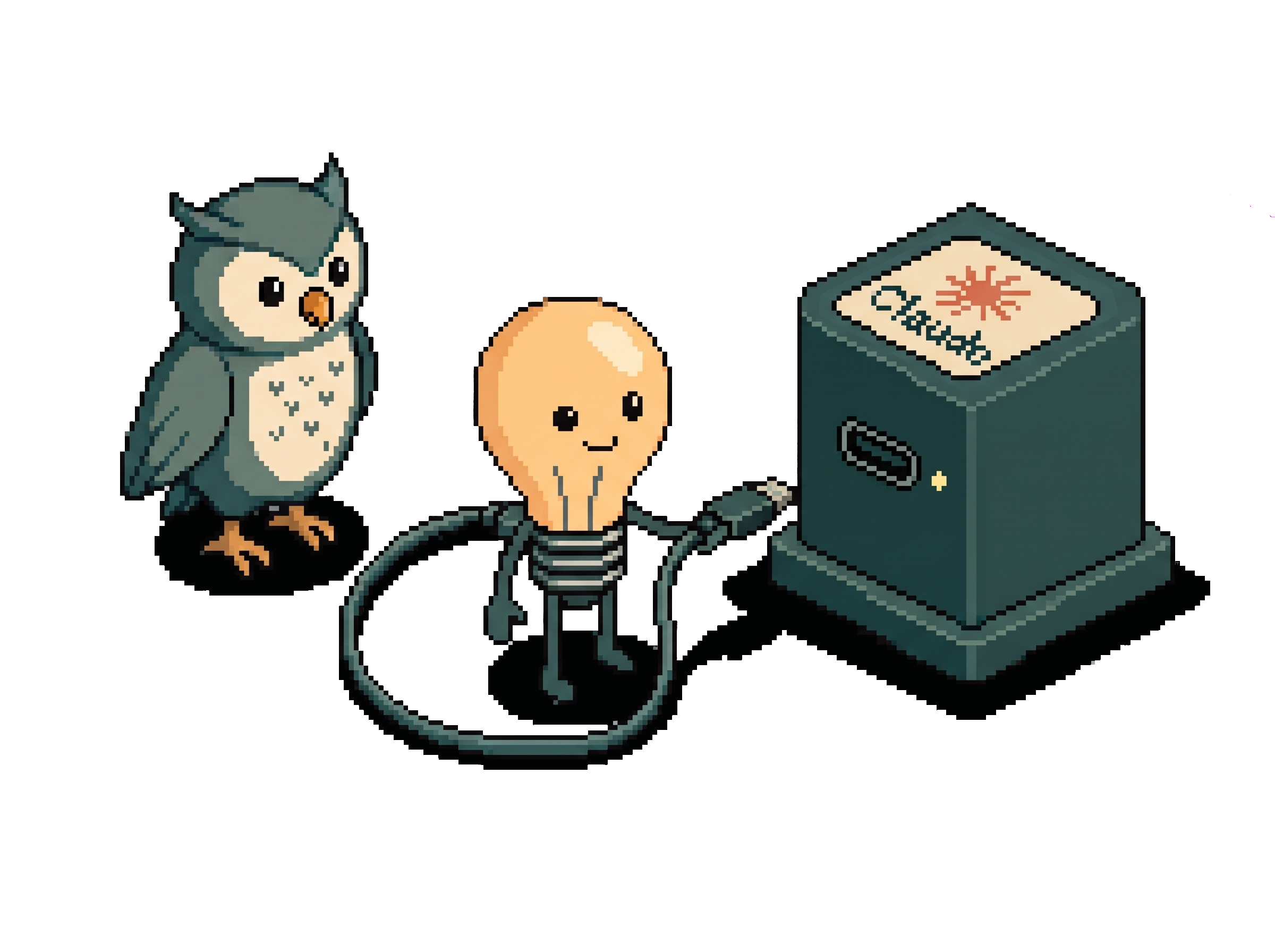 Pixel-Art-Szene: Eine Eule (für die Nutzerin) schaut zu, wie eine Glühbirne (für die KI) einen USB-C-Stecker zur freien Buchse eines kleinen Servers führt. Auf dem Server prangt das Zeichen von Claude.