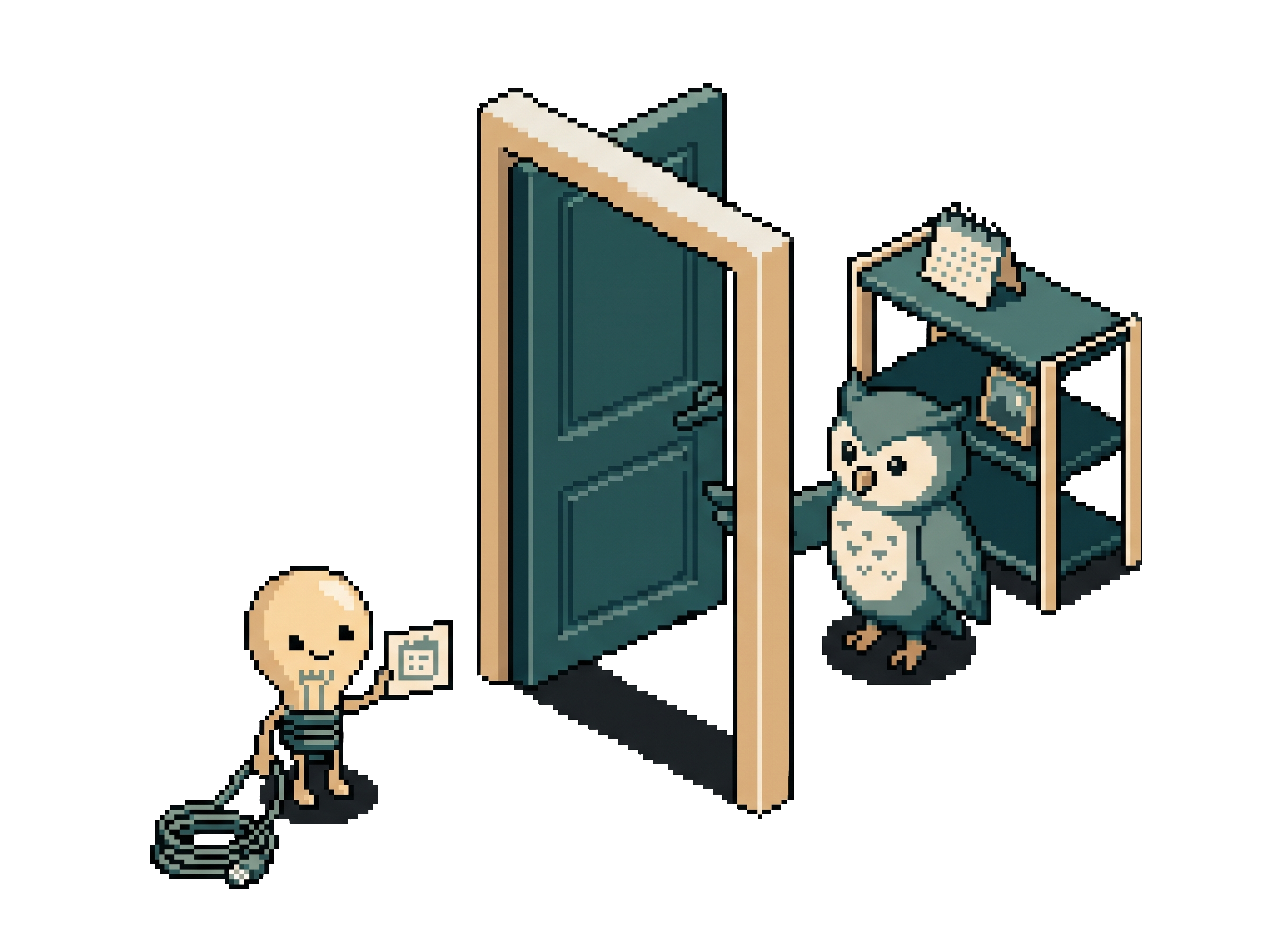 Pixel-Art-Szene: Vor einer frei stehenden Tür hält die Glühbirne (für die KI) eine Karte mit einem Kalender-Zeichen hoch. Dahinter öffnet die Eule (für die Nutzerin) die Tür. Im Regal hinter der Eule steht ihr Kalender.