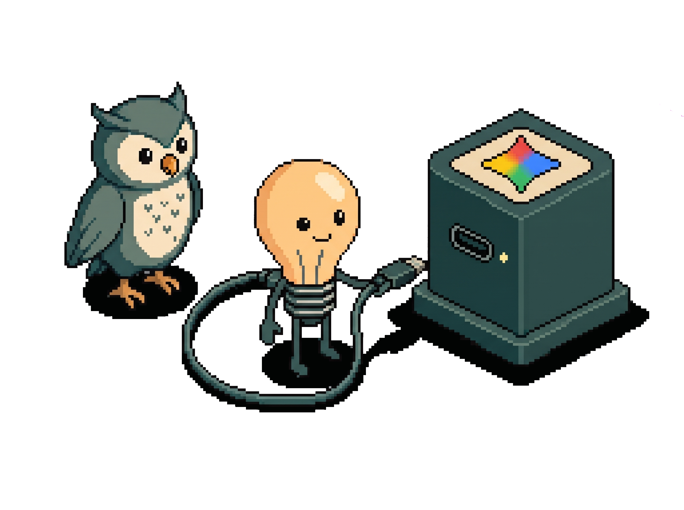 Pixel-Art-Szene: Eine Eule (für die Nutzerin) schaut zu, wie eine Glühbirne (für die KI) einen USB-C-Stecker zur freien Buchse eines kleinen Servers führt. Auf dem Server prangt das Zeichen von Gemini.