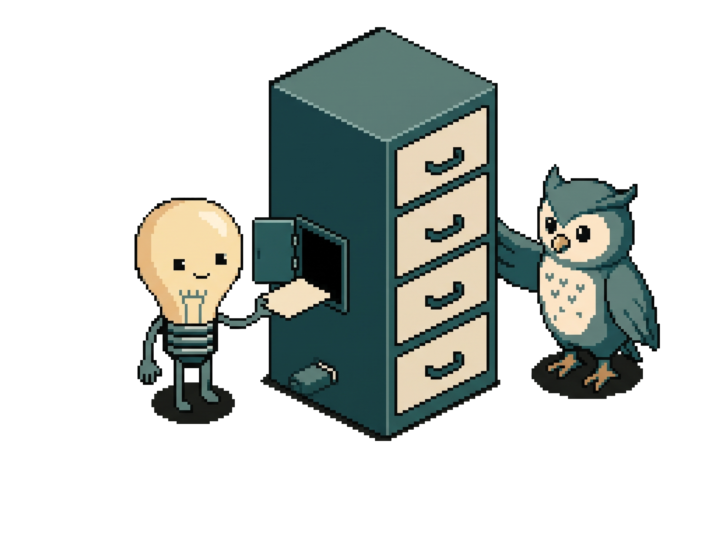 Pixel-Art-Szene: Ein geschlossener Aktenschrank gehört der Eule (für die Nutzerin), sie legt einen Flügel darauf. Die Glühbirne (für die KI) steht an einer kleinen Klappe in der Seite des Schranks und bekommt genau eine Karte heraus. Alle Schubladen bleiben zu.
