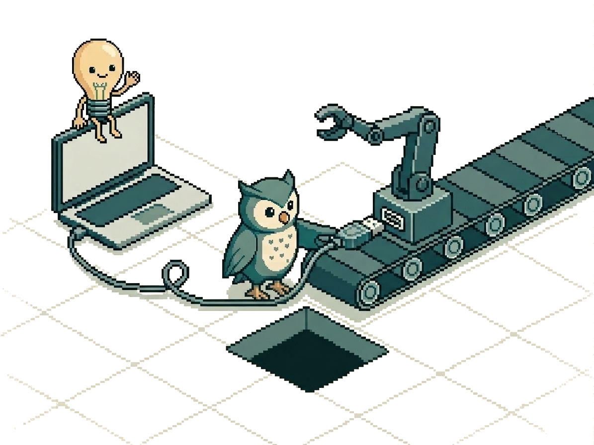 Pixel-Art-Szene: Eine Eule (für die Nutzerin) verbindet ein Kabel mit einem Förderband-Roboter, während eine Glühbirne (für die KI) auf einem Laptop sitzt. Eine bildhafte Darstellung der Verbindung zwischen Mensch, KI und Werkzeugen über MCP.