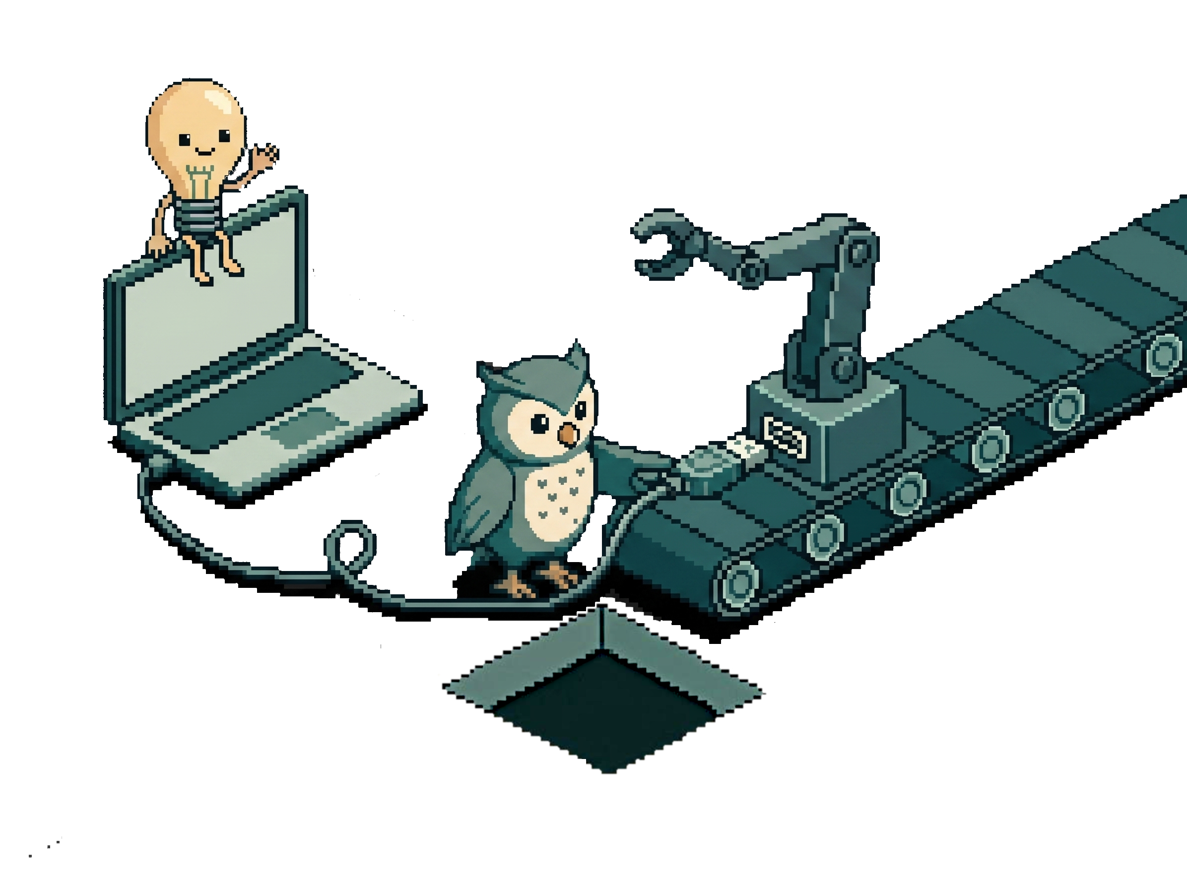 Pixel-Art-Szene: Eine Eule (für die Nutzerin) verbindet ein Kabel mit einem Förderband-Roboter, während eine Glühbirne (für die KI) auf einem Laptop sitzt. Eine bildhafte Darstellung der Verbindung zwischen Mensch, KI und Werkzeugen über MCP.