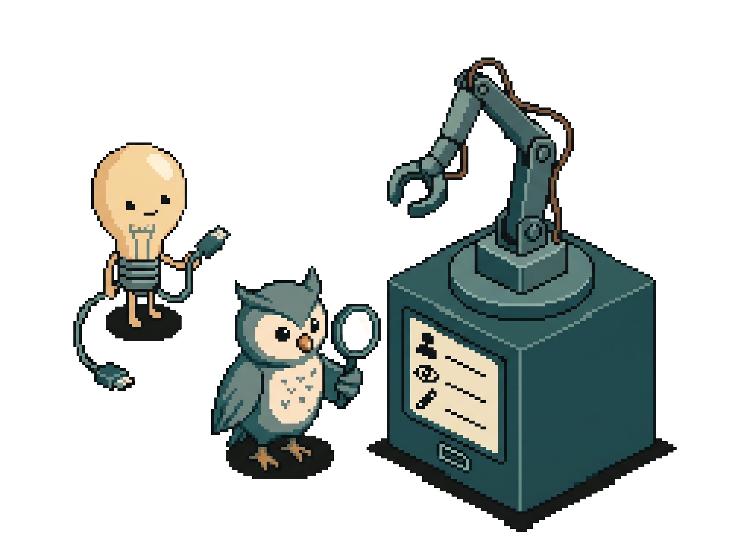 Pixel-Art-Szene: Die Eule (für die Nutzerin) prüft mit einer Lupe ein Schild am Sockel des Roboterarms (für den MCP-Server). Darauf stehen drei Bildzeichen: eine Person, ein Auge und ein Stift. Daneben wartet die Glühbirne (für die KI) mit dem Kabel in der Hand, noch nicht eingesteckt.