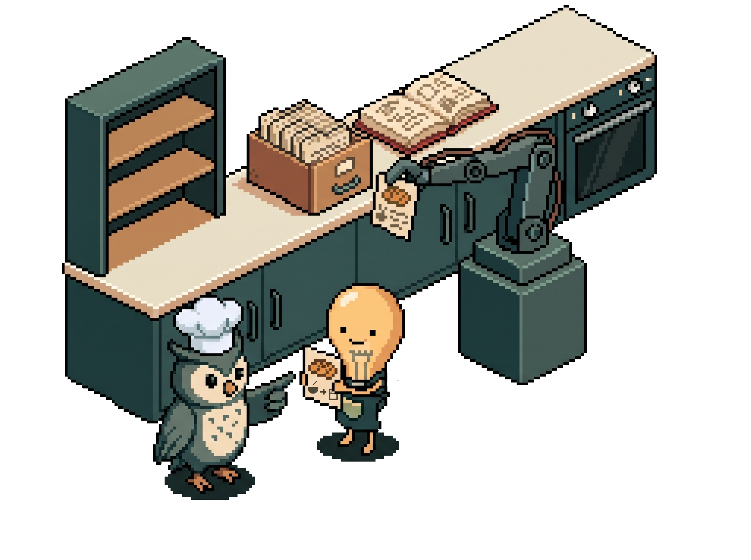 Pixel-Art-Szene in einer Küche: Der Roboterarm (für den MCP-Server) reicht der Glühbirne (für die KI) eine Rezeptkarte mit einem Zopf. Die Eule (für die Nutzerin) mit Kochmütze zeigt auf die Karte, die sie ausgewählt hat.
