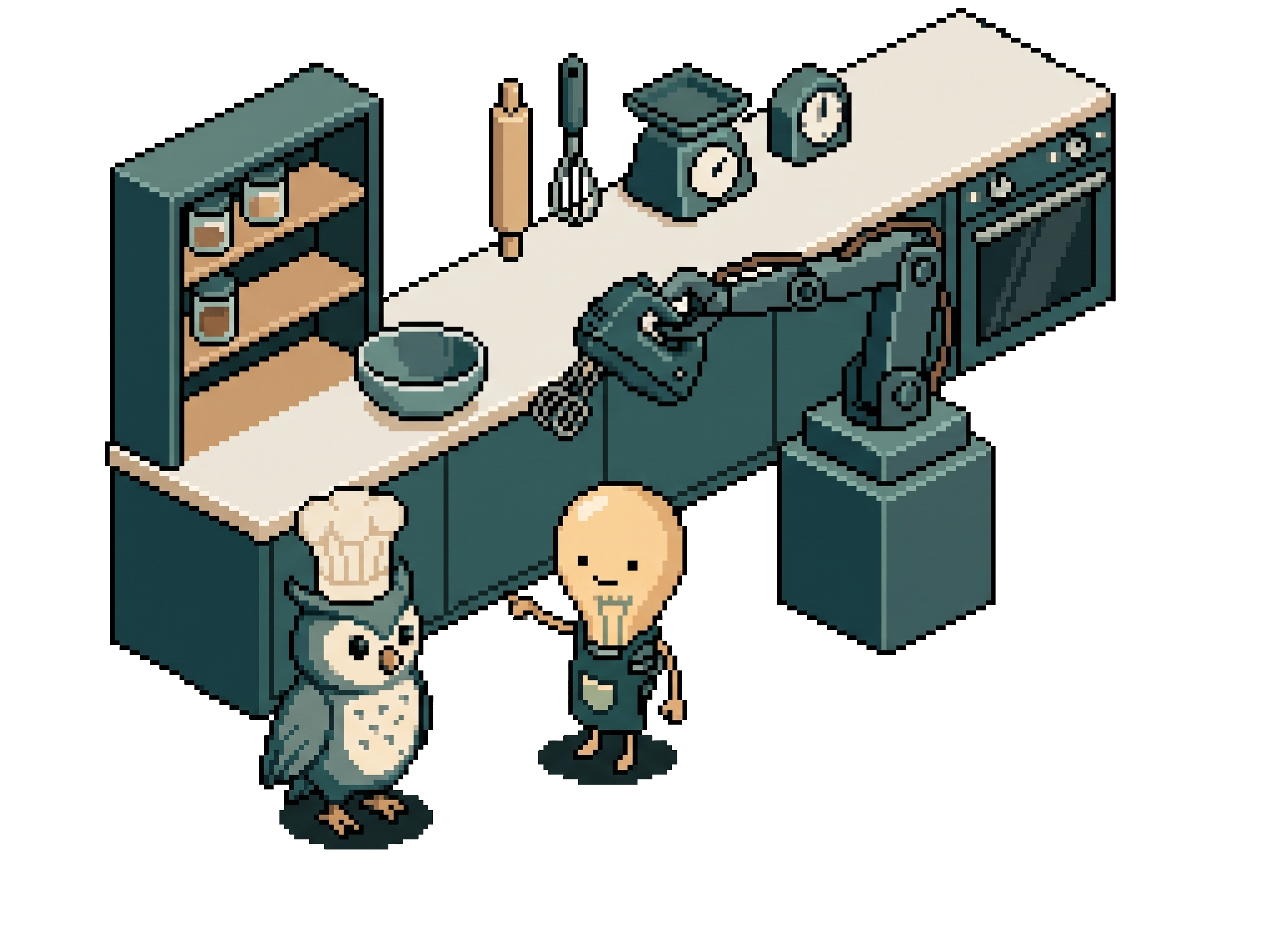 Pixel-Art-Szene in einer Küche: Auf der Arbeitsfläche stehen Wallholz, Schwingbesen, Küchenwaage und Küchenuhr. Der Roboterarm (für den MCP-Server) reicht der Glühbirne (für die KI), die eine Schürze trägt, einen Handmixer. Die Eule (für die Nutzerin) trägt eine Kochmütze und schaut zu.