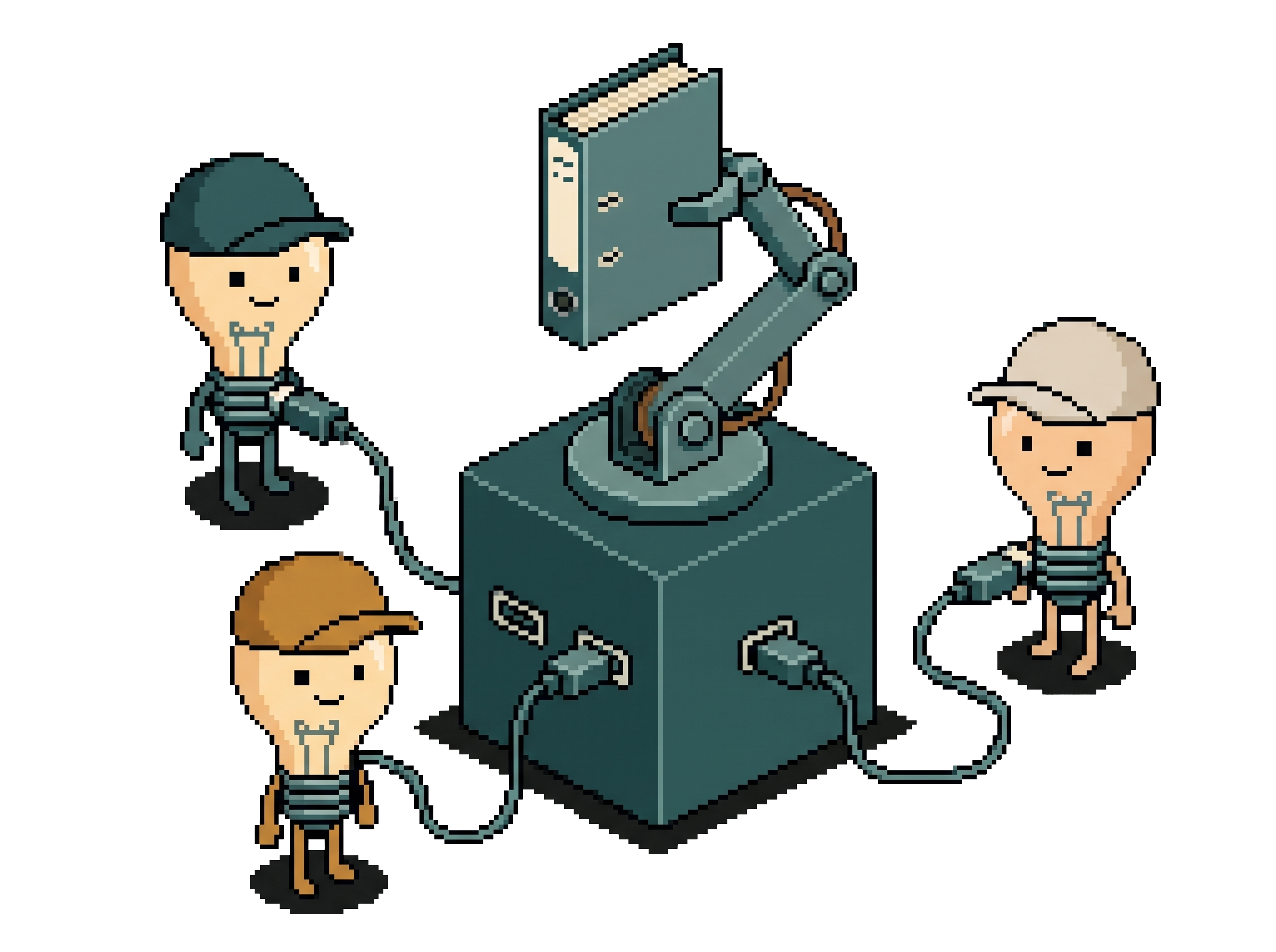 Pixel-Art-Szene: Ein Roboterarm (für den MCP-Server eines Unternehmens) hält einen Bundesordner hoch. Um ihn herum stehen drei Glühbirnen (für drei verschiedene KI-Programme) mit Mützen in verschiedenen Farben. Jede ist mit einem eigenen Kabel am selben Server angeschlossen.