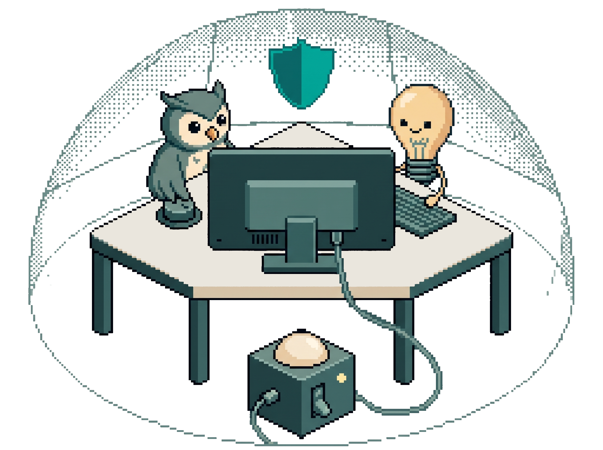Pixel-Art-Szene an einem Schreibtisch: Eine Eule (für die Nutzerin) und eine Glühbirne (für die KI) stehen hinter einem Bildschirm. Über ihnen spannt sich eine gestrichelte Kuppel mit einem Schutzschild-Symbol. Erzeugt wird sie von einem Kasten am Boden, dessen Hebel sichtbar von Hand eingeschaltet wurde. Den Rahmen setzt also die Nutzerin, nicht die Verbindung.
