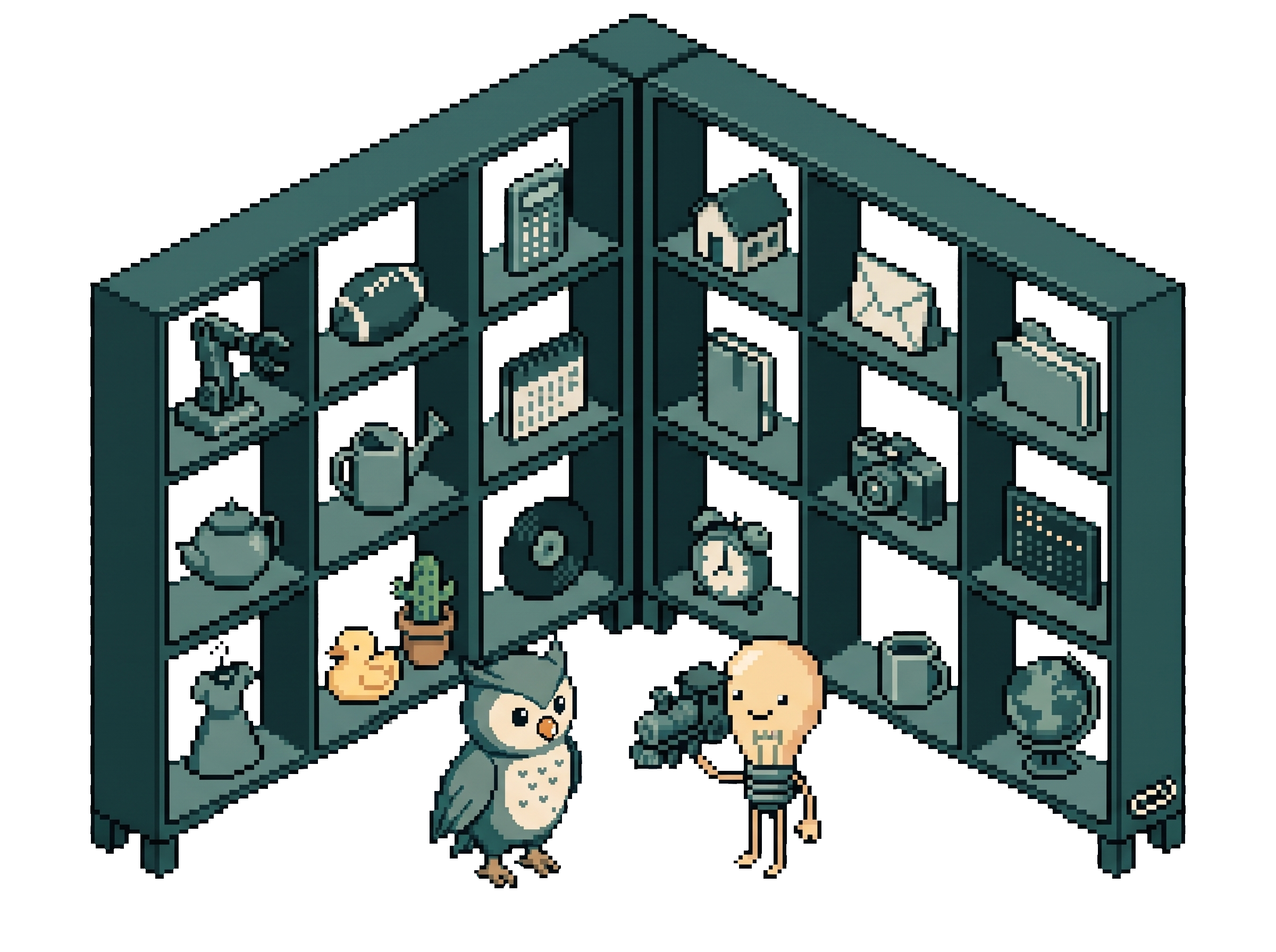 Pixel-Art-Szene vor einem Eckregal: In den Fächern stehen Alltagsgegenstände statt Bücher, ein Kalender, ein Ordner, eine Kamera, ein Wecker, ein Globus. Mehrere Fächer sind leer. Eine Glühbirne (für die KI) nimmt genau einen Gegenstand heraus, eine Eule (für die Nutzerin) schaut zu.