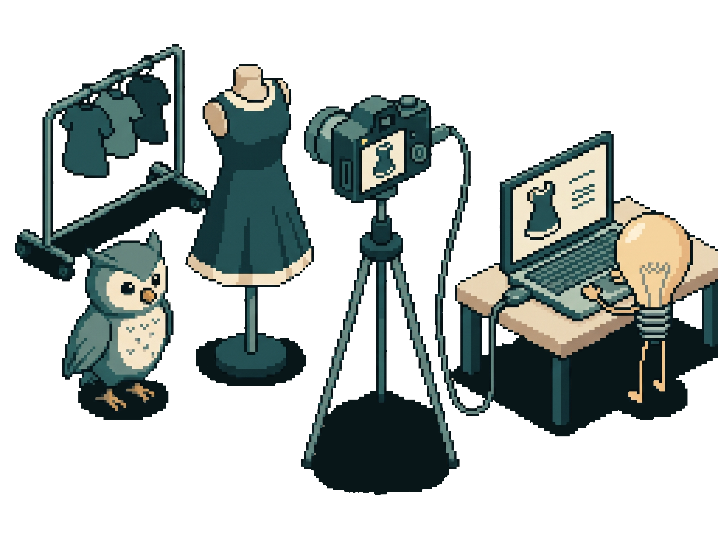 Pixel-Art-Szene in einem Nähatelier: Dasselbe Kleid erscheint dreimal, auf der Schneiderpuppe, auf dem Display der Kamera daneben und auf dem Laptop rechts. Ein USB-C-Kabel verbindet Kamera und Laptop. Eine Eule (für die Inhaberin) schaut zu, eine Glühbirne (für die KI) arbeitet am Laptop.