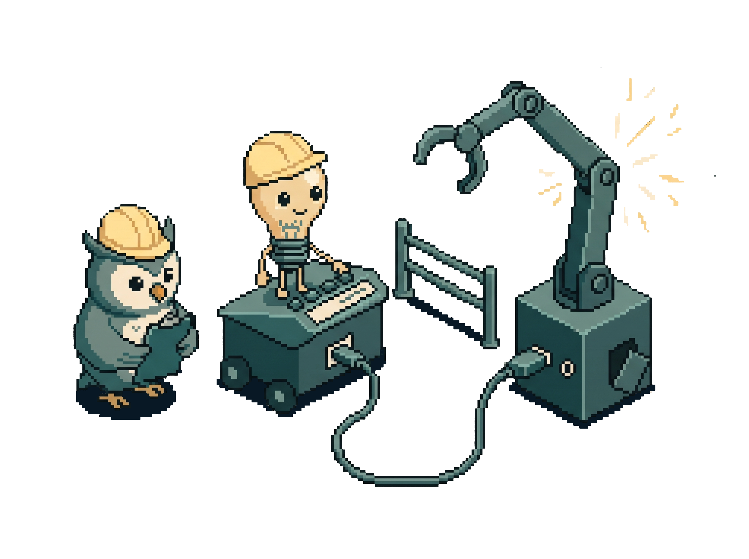 Pixel-Art-Szene in einem Prüfstand: Eine Eule (für die Nutzerin) und eine Glühbirne (für die KI) tragen Schutzhelme und halten fest, was passiert. Der Roboterarm, den sie prüfen, sprüht Funken. Das Kabel dazwischen steckt an beiden Enden und ist unbeschädigt. Die Verbindung hält, der Helfer am anderen Ende nicht.