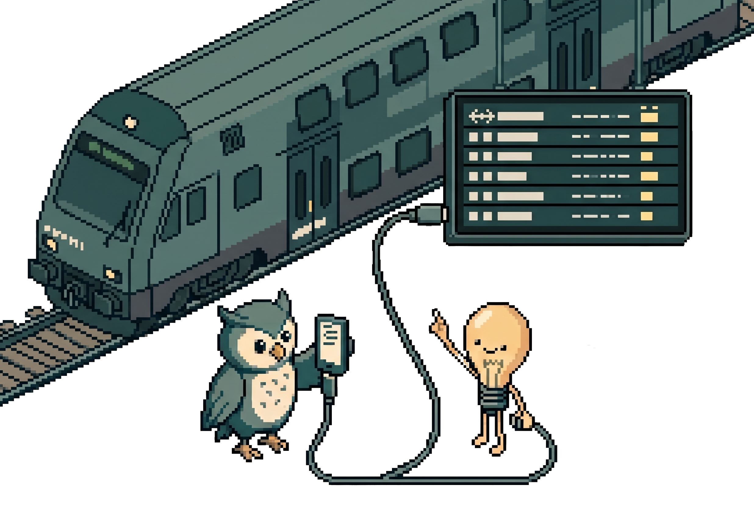 Pixel-Art-Szene in einer Bahnhofshalle: Eine Eule (für die Nutzerin) hält ihr Smartphone, das über ein USB-C-Kabel mit der grossen Abfahrtstafel verbunden ist. Eine Glühbirne (für die KI) steht daneben und zeigt auf die Tafel, aus der sie gerade abgelesen hat.