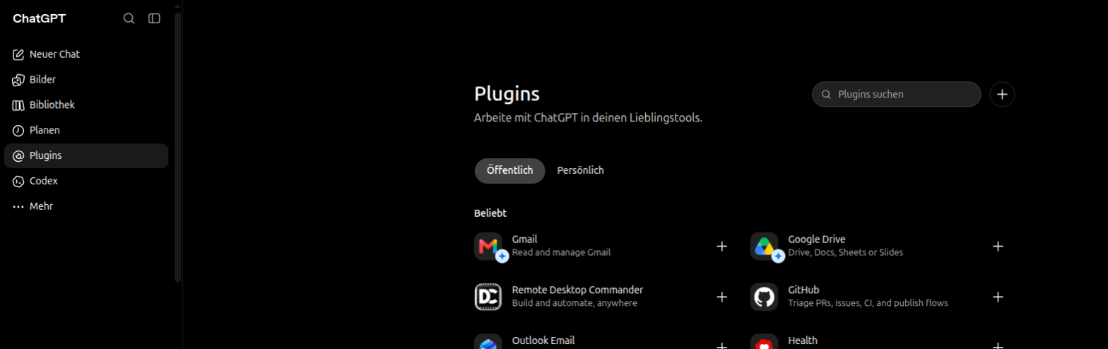 Die Seite Plugins in ChatGPT. Links die Seitenleiste mit dem hervorgehobenen Eintrag Plugins, rechts oben das Suchfeld und daneben ein runder Knopf mit einem Plus.