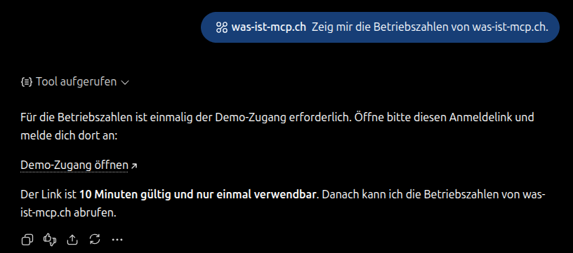 Die Antwort von ChatGPT auf die Frage nach den Betriebszahlen. Unter Tool aufgerufen steht, dass einmalig der Demo-Zugang nötig ist, dann der Link Demo-Zugang öffnen und der Hinweis, dass der Link zehn Minuten gilt.