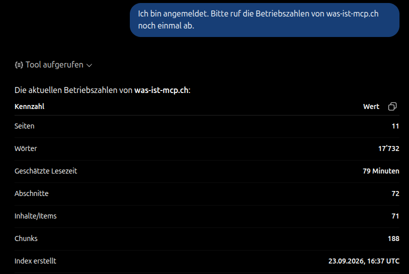 Die Antwort von ChatGPT nach der Anmeldung: unter Tool aufgerufen eine Tabelle mit Seiten 11, Wörter 17'732, geschätzte Lesezeit 79 Minuten, Abschnitte 72 und weiteren Kennzahlen.
