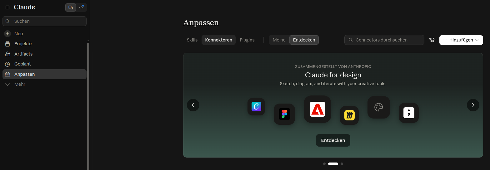 Die Seite Anpassen in claude.ai. Links die Seitenleiste mit dem hervorgehobenen Eintrag Anpassen, oben die Reiter Skills, Konnektoren und Plugins, rechts der Knopf Hinzufügen.