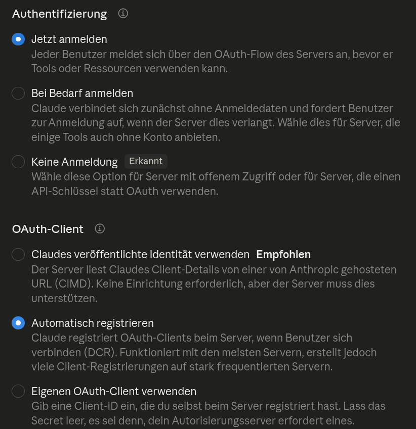 Der Abschnitt Authentifizierung mit ausgewählter Option Jetzt anmelden und der Abschnitt OAuth-Client mit ausgewählter Option Automatisch registrieren.
