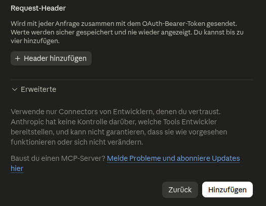 Das untere Ende des Fensters. Oben noch die gewählte Option Automatisch registrieren, unten die Knöpfe Zurück und Hinzufügen.