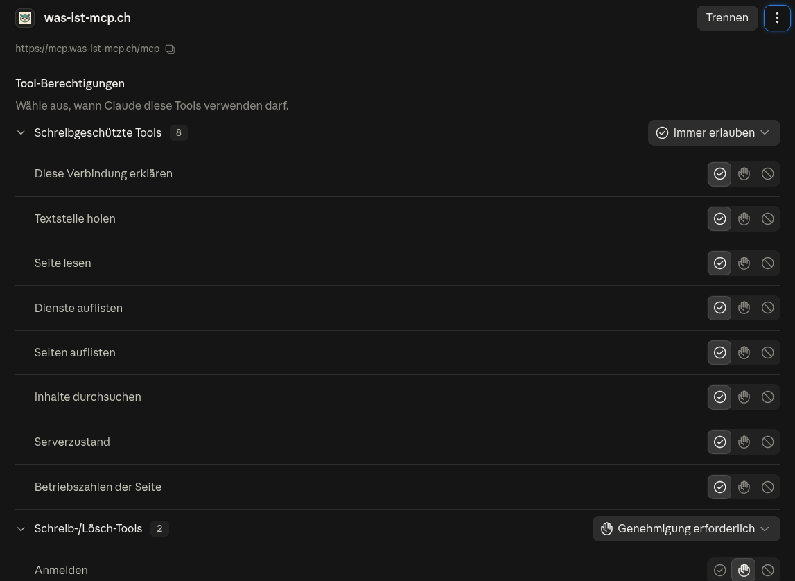 Die verbundene Verbindung was-ist-mcp.ch mit der Liste Tool-Berechtigungen: acht schreibgeschützte Funktionen wie Inhalte durchsuchen, Seite lesen und Betriebszahlen der Seite, darunter die Gruppe Schreib-/Lösch-Tools mit Anmelden.