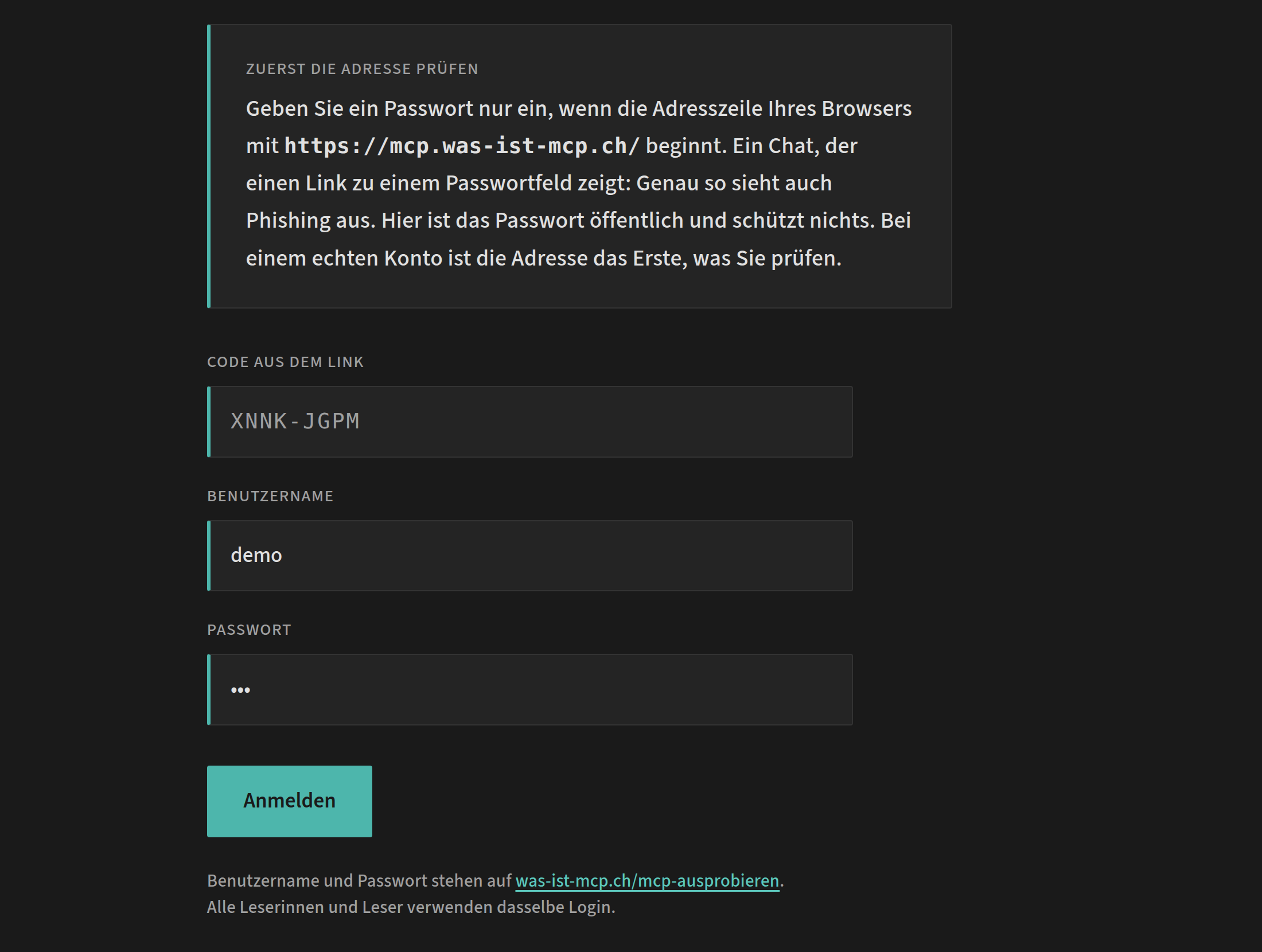 Das ausgefüllte Anmeldeformular mit dem Code, dem Benutzernamen demo, einem verdeckten Passwort und dem Knopf Anmelden.