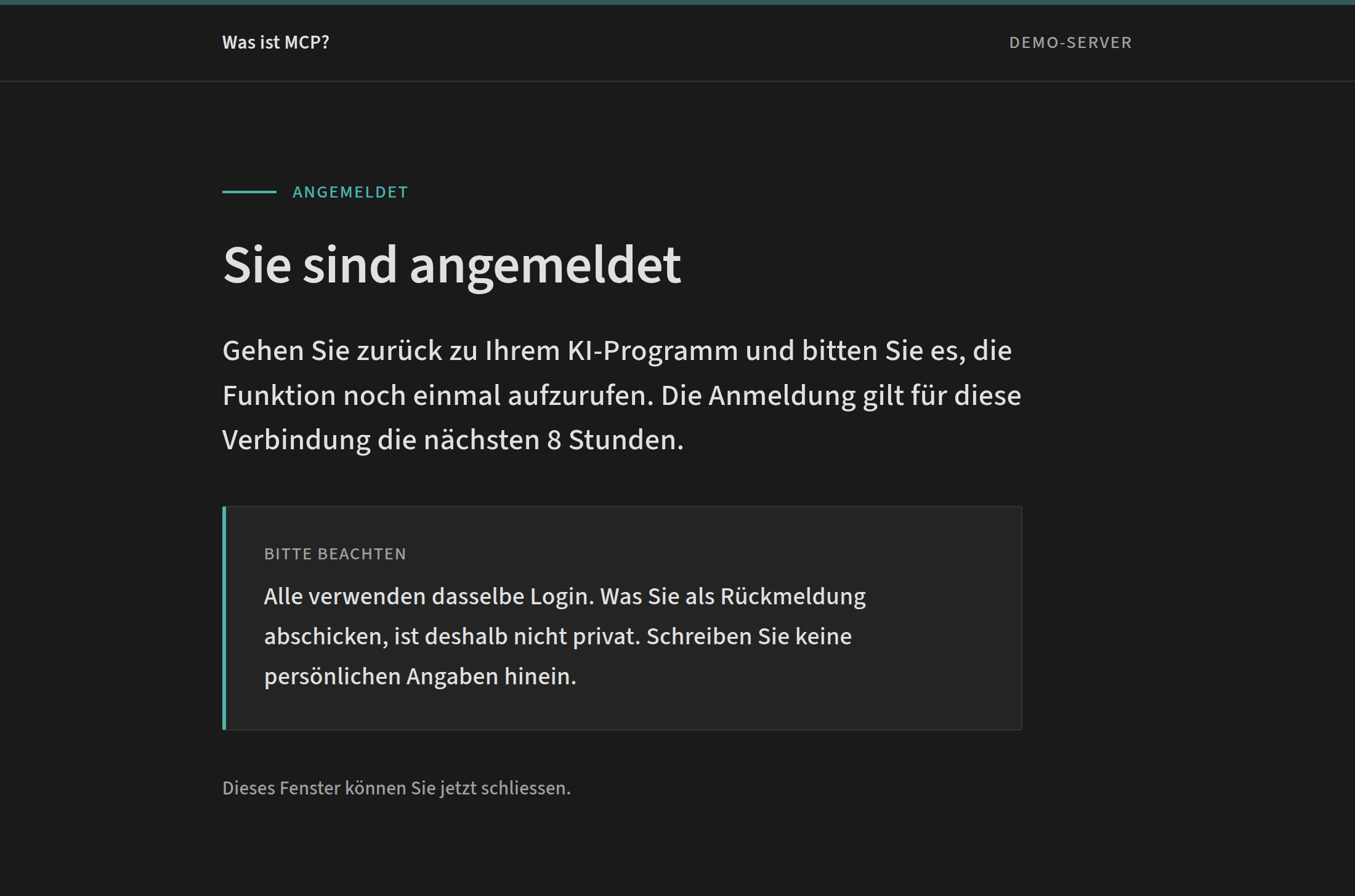 Die Bestätigungsseite Sie sind angemeldet mit dem Hinweis, zu Claude zurückzukehren, und dem Kasten Bitte beachten: Alle verwenden dasselbe Login.