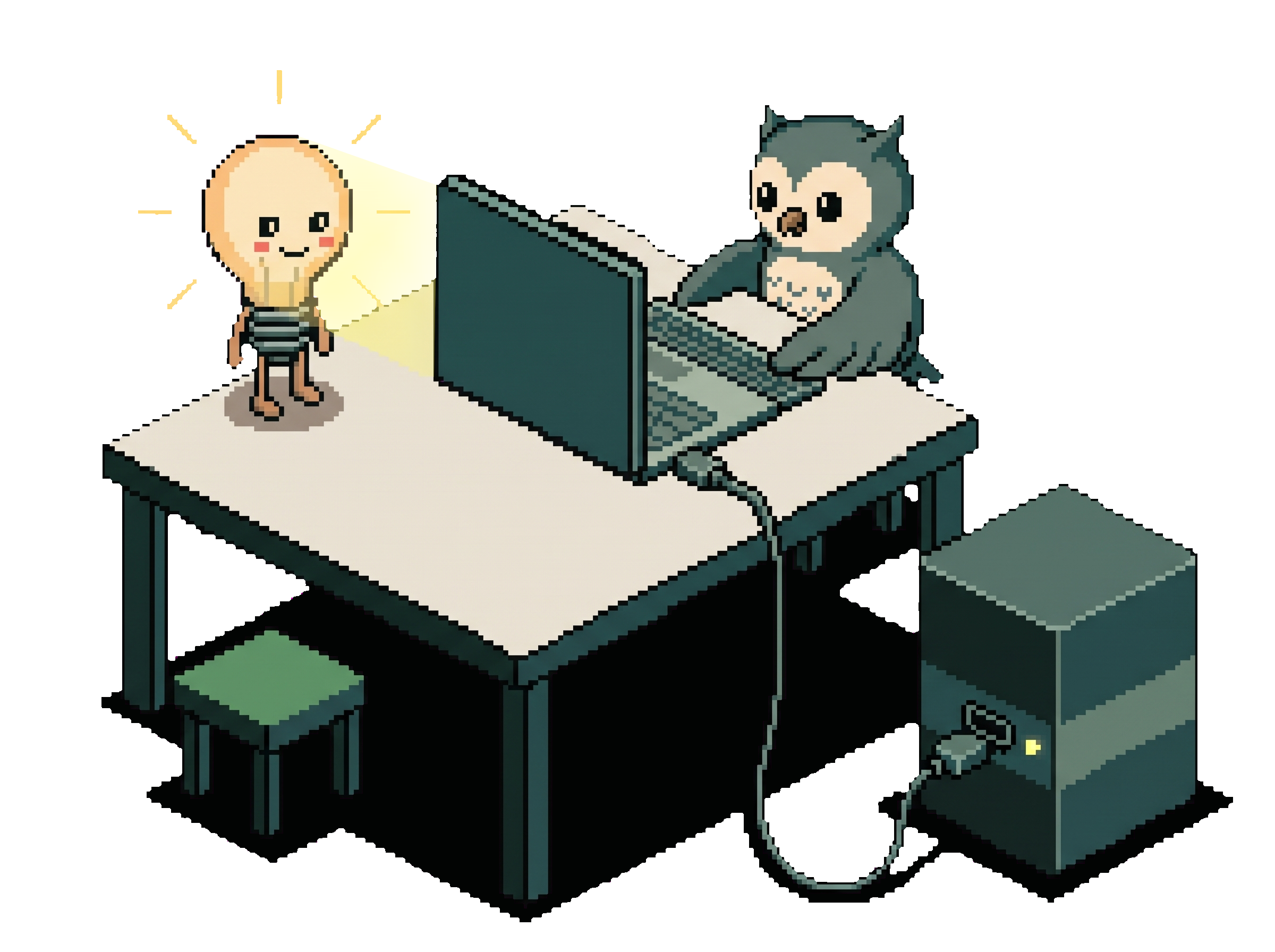Pixel-Art-Szene an einem Schreibtisch: Eine Eule (für die Nutzerin) tippt auf einem Laptop, neben ihr leuchtet eine Glühbirne (für die KI) auf dem Tisch. Ein Kabel führt vom Laptop zu einem kleinen Server am Boden, dem Demo-Server dieser Seite.