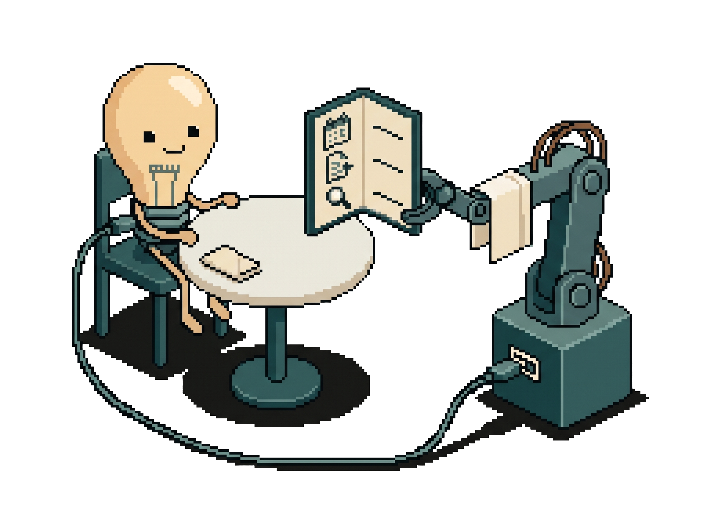 Pixel-Art-Szene: Die Glühbirne (für die KI) sitzt an einem kleinen Bistrotisch. Der Roboterarm (für den MCP-Server) trägt ein Tuch über dem Arm wie ein Kellner und hält ihr eine Speisekarte hin. Darauf stehen drei Angebote als Bildzeichen: Kalender, Dokument, Lupe. Ein Kabel verbindet die beiden.